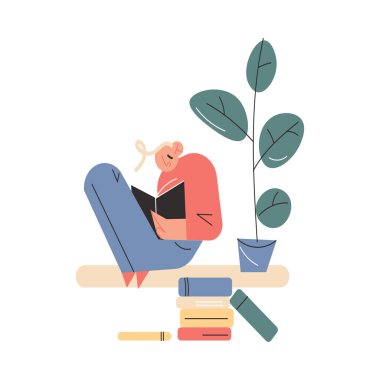 Gülümseyen genç çocuk pencerenin kenarında oturmuş kitap okuyor.