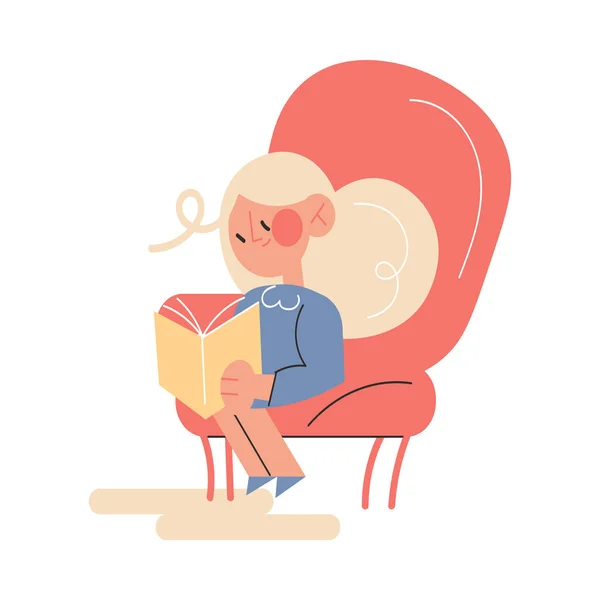 Šťastná malá dívka sedí doma a čtení knihy v křesle — Stockový vektor