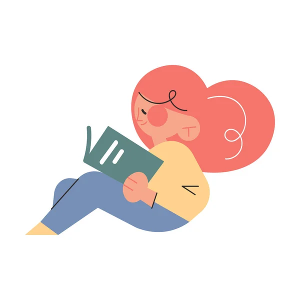 바닥에 앉아 책을 읽는 행복 한 어린 소녀 — 스톡 벡터