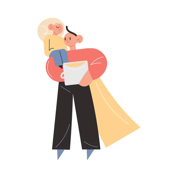 Happy young father in superhero costume carrying small daughter on shoulder — Stock Vector