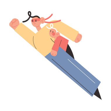 Süper kahraman kostümü içindeki mutlu genç baba ve bebek Süpermen gibi uçuyor.