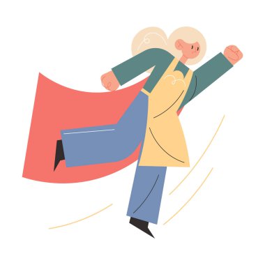 Önlüklü, gülümseyen genç anne mutfağa gitmek için acele ediyor.