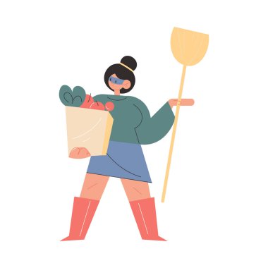 Anne süper kahraman maskesi takmış, alışveriş çantası ve ev halkı elinde duruyor.