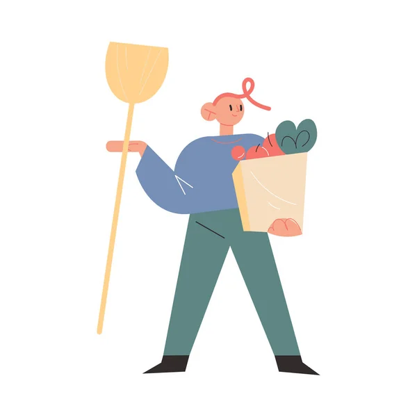 Счастливый молодой отец стоит и держит сумку и домашнее хозяйство — стоковый вектор