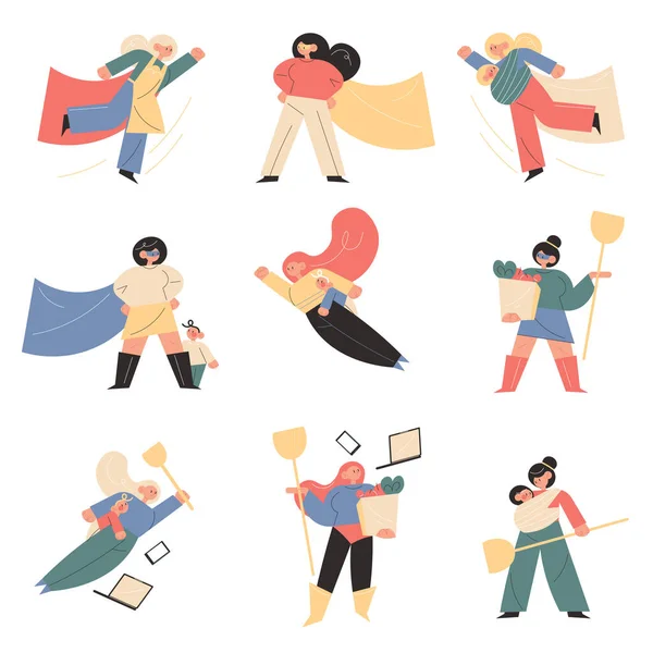 Super maman faisant différents devoirs concept — Image vectorielle