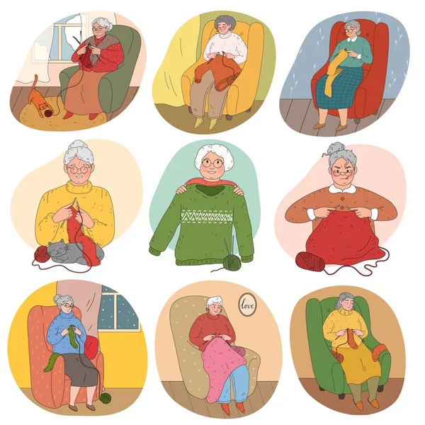 Seniorinnen-Großmütter sitzen zu Hause und stricken warme Kleidung — Stockvektor
