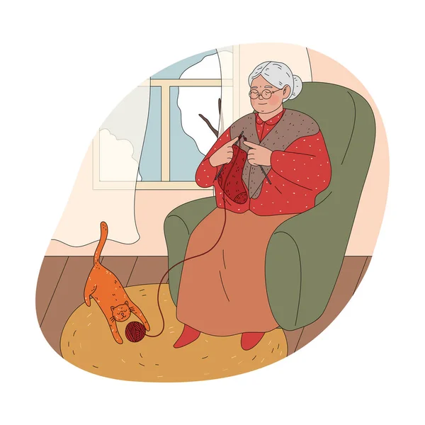 Lächelnde Großmutter sitzt zu Hause im Sessel und strickt — Stockvektor