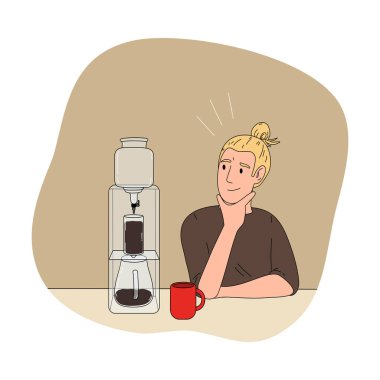 Kahve dükkanında kahve yapmak için siyah filtrelenmiş kahve bekleyen çocuk.