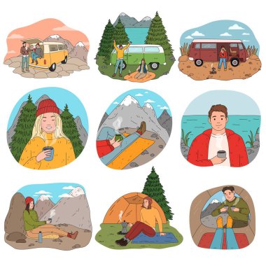 Doğada seyahat ederken sıcak taze kahve içen bir grup mutlu genç.