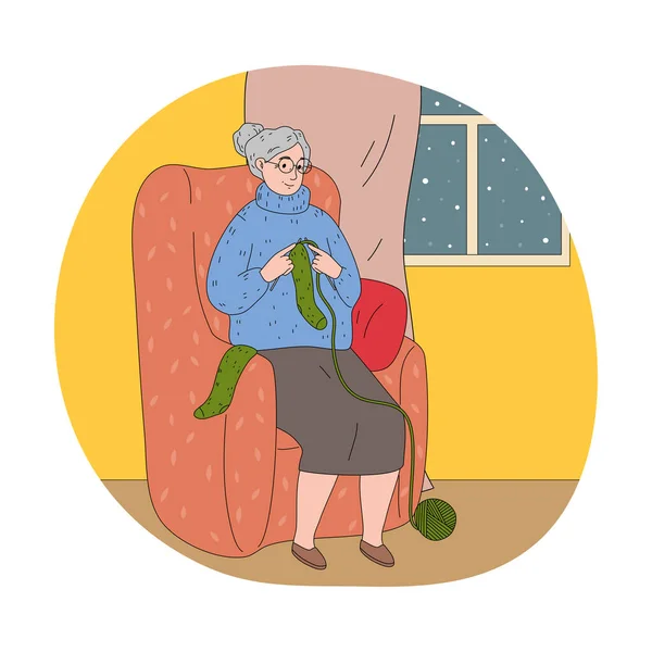 Großmutter sitzt im Sessel und strickt grüne warme Socken — Stockvektor