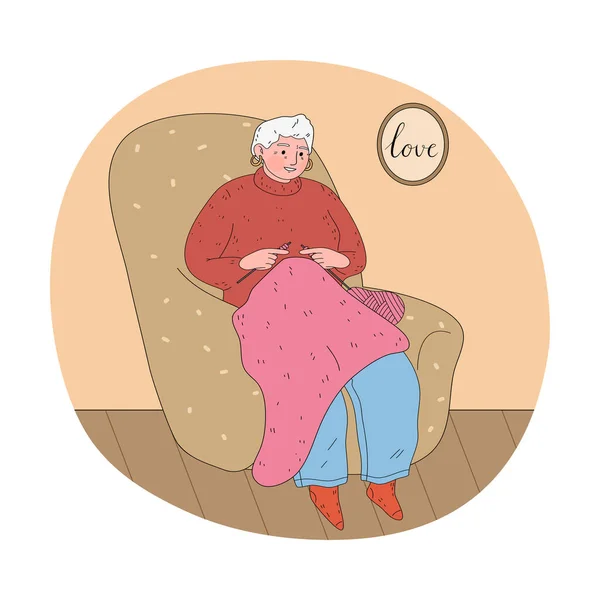 Vrouw oma zitten in fauteuil en breien roze trui thuis — Stockvector