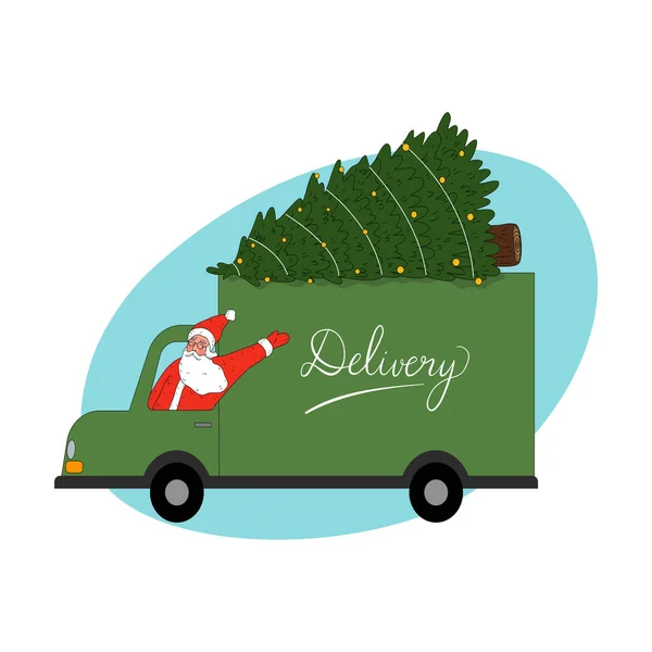 Papai Noel mensageiro em roupas vermelhas tradicionais entregando árvore de Natal — Vetor de Stock