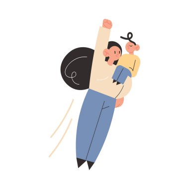 Kadın anne Süpermen gibi uçuyor ve küçük çocuğu omuzunda oturuyor.