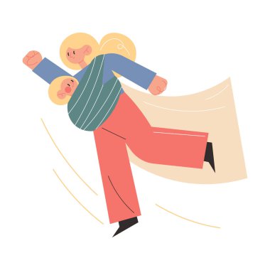 Anne kucağında küçük bir çocuk taşıyor ve tüm görevleri yerine getirmek için acele ediyor.