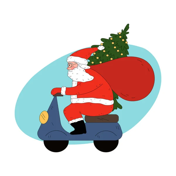 Santa man courier en vêtements rouges traditionnels livrant arbre de Noël sur scooter — Image vectorielle