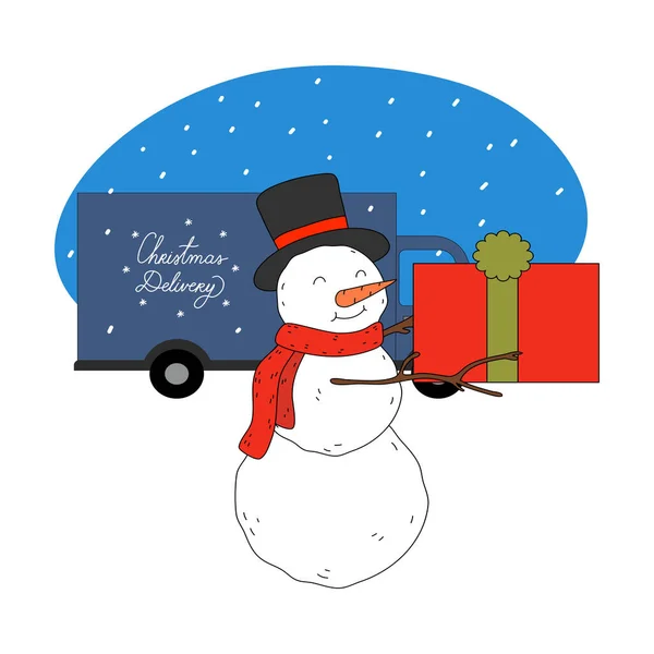 Bonhomme de neige en chapeau et écharpe tenant des boîtes cadeaux de Noël pour la livraison — Image vectorielle