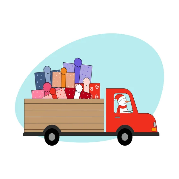 Pupazzo di neve in cappello e sciarpa consegna scatole regalo di Natale su camion — Vettoriale Stock