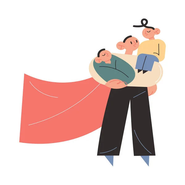 Padre superhéroe llevando a dos niños en manos y hombros y sintiéndose feliz — Archivo Imágenes Vectoriales