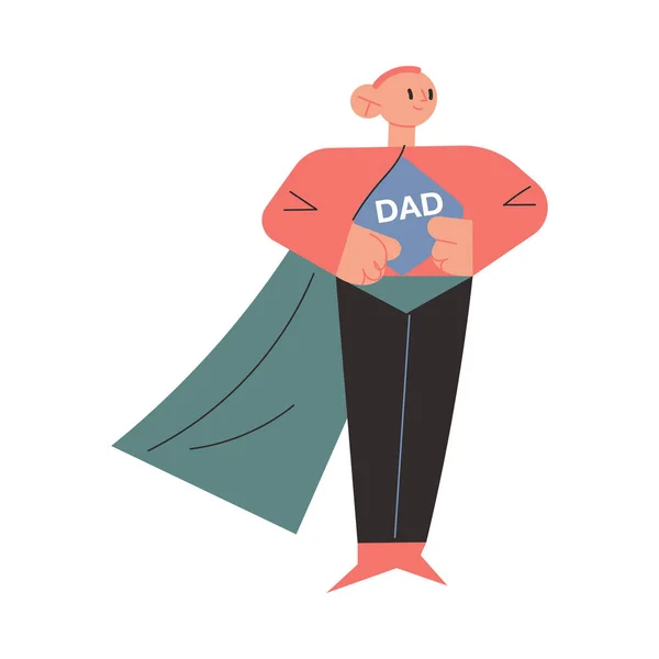 Padre en traje de superhéroe de pie y mostrando signo de papá en el pecho — Vector de stock