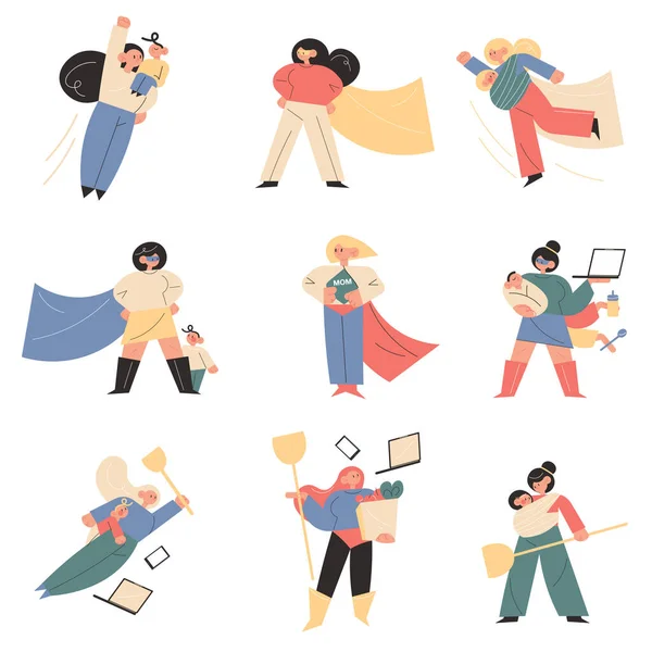 Les jeunes femmes mères se comportent comme un super-héros avec des enfants — Image vectorielle