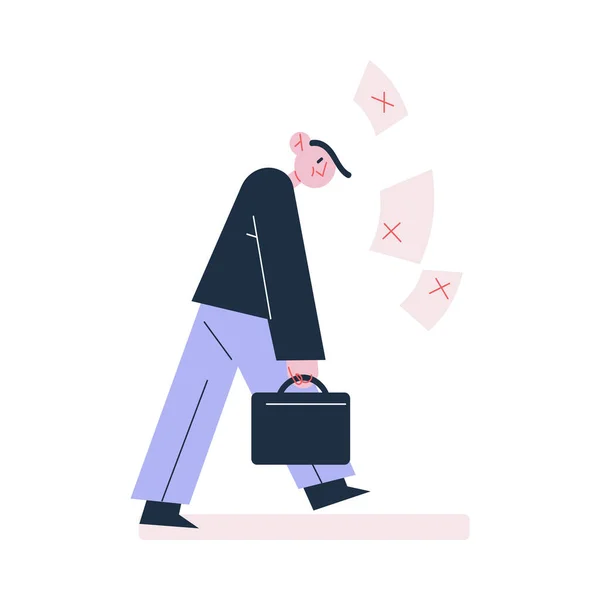 Hombre caminando con maletín y sintiéndose incapaz de encontrar trabajo — Vector de stock