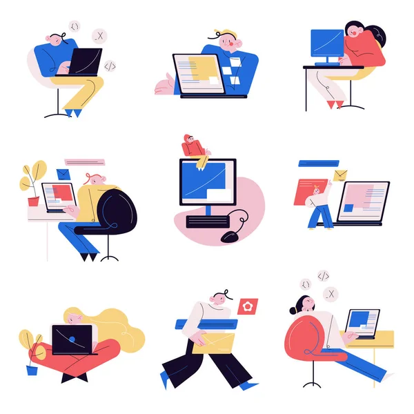 Dizüstü bilgisayarlarda programcı olarak çalışan erkek ve kadın ofis çalışanları veya serbest çalışanlar