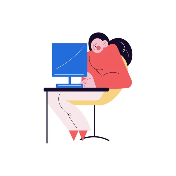 Молода жінка сидить за столом і працює програмістом на ноутбуці — стоковий вектор