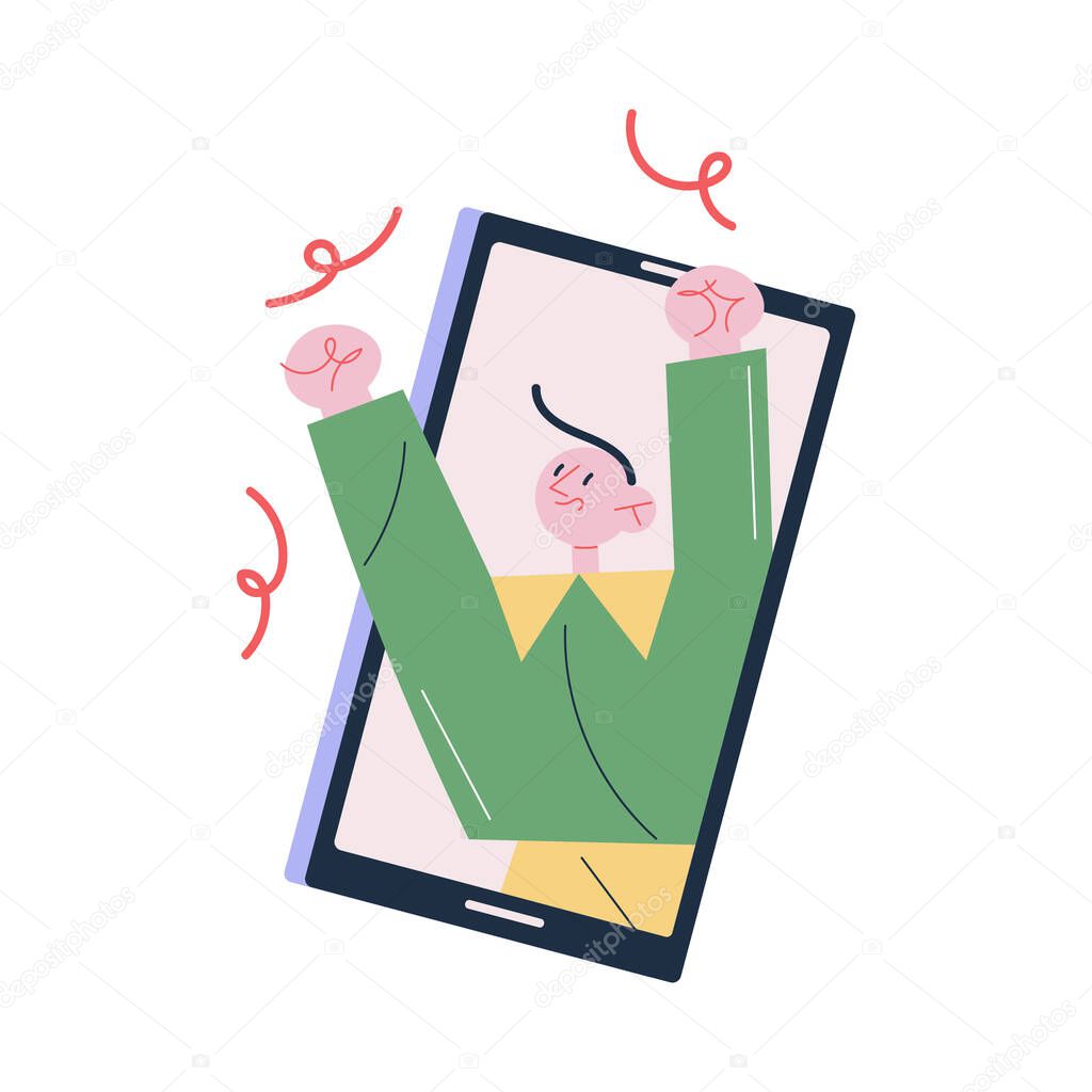Smartphone screen with happy man celebrating Christmas or New Year holiday online