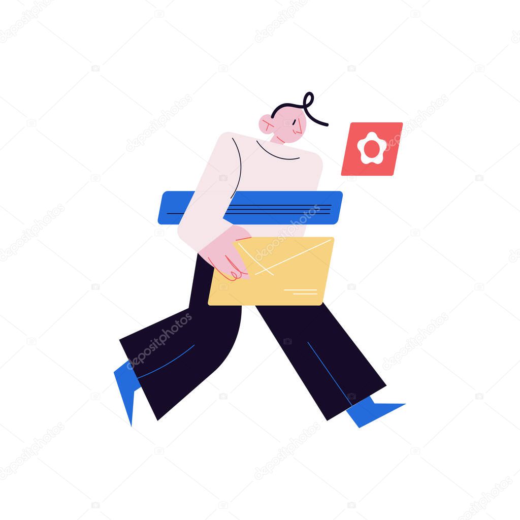 Young man programmer carrying laptop in hands and thinking about web codes