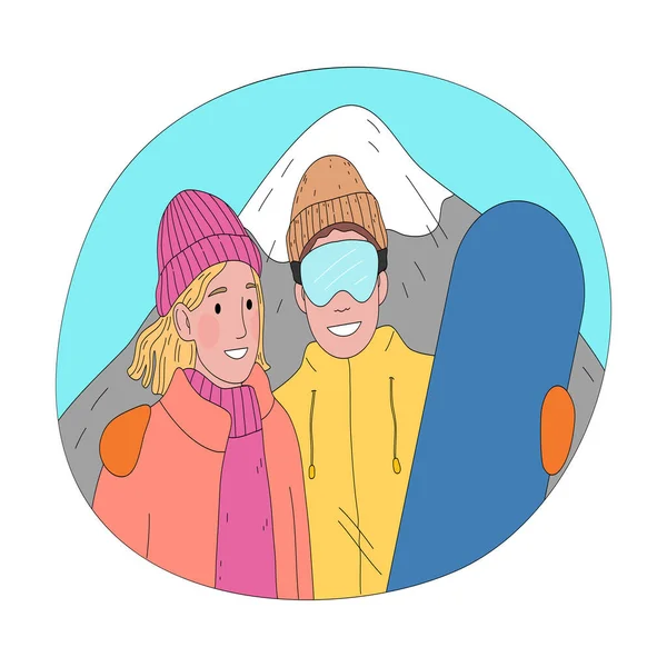 스노보드를 성공적으로 연습 한 후에 서서 산을 즐기고 있는 행복 한 부부 — 스톡 벡터