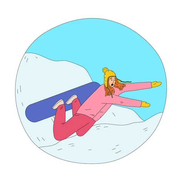 Femme frustrée en rose vêtements de sport d'hiver tombant pendant la pratique du snowboard — Image vectorielle