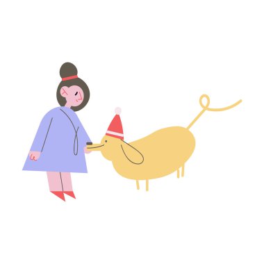 Mutlu küçük kız Noel şapkalı gezgin köpek