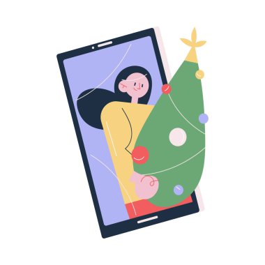 Noel 'i internette kutlayan mutlu bir kadınla akıllı telefon ekranı