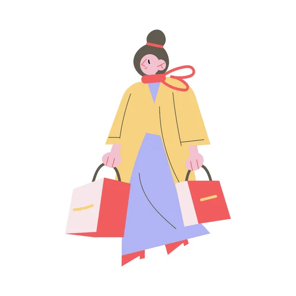 Happy woman carrying Christmas presents after shopping to home — Stock Vector