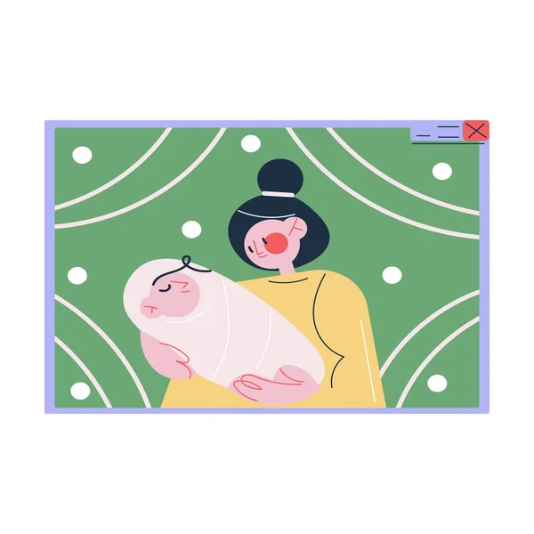 Laptop screen with happy woman with small baby celebrating Christmas or New Year holiday online Stok Vektor Bebas Royalti