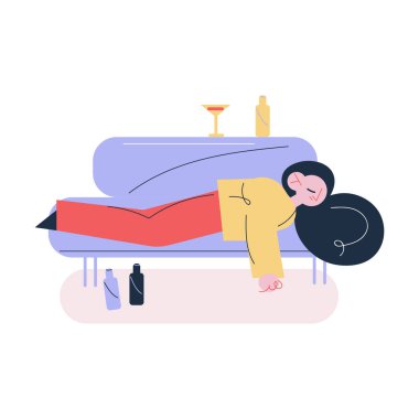 Genç bir kadın sabahları içki mahmurluğu çeken şişe ve bardaklarla kanepede uyuyor.