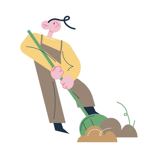 Erkek bahçıvan, iş kıyafetleri içinde, toprağı kazıyor. — Stok Vektör