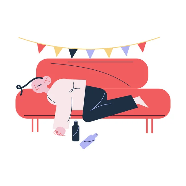 Anak muda berbaring di sofa menderita mabuk di pagi hari Stok Ilustrasi 