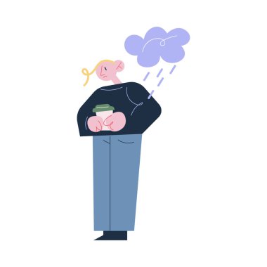 Genç mutsuz işçi ofise kahve ve depresyonla yürüyor.