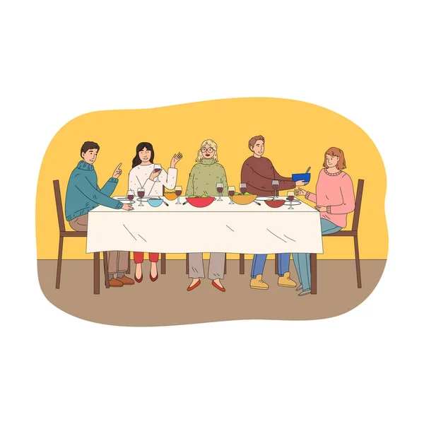 Felices jóvenes amigos teniendo una cena festiva celebrando las vacaciones con platos y vino — Vector de stock