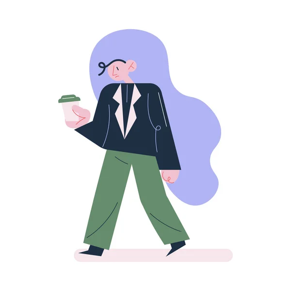 Jeune homme malheureux travailleur marche au bureau avec du café le matin — Image vectorielle