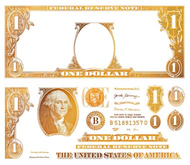 Altın desenli 1 Amerikan doları banknot. Tasarım amacı için elementler