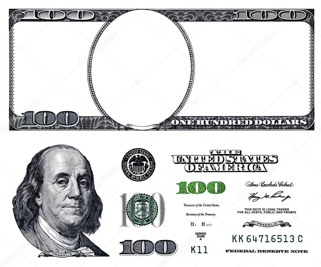 U.S. 100 dollar banknote. Elements for design purpose on white background