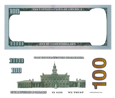 100 dolarlık banknot. Beyaz arkaplanda tasarım amacı için elementler