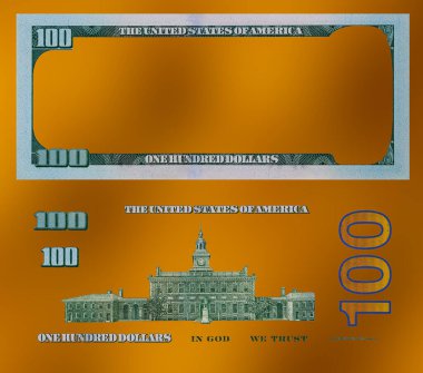  100 dolarlık banknot. Altın desenli arka planda tasarım amacı için elementler 