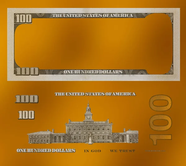  100 dolarlık banknot. Altın desenli arka planda tasarım amacı için elementler 
