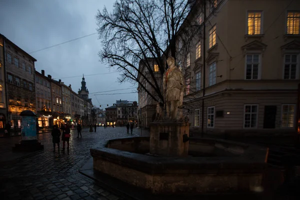 Fonte Diana Praça Mercado Lviv Noite — Fotografia de Stock