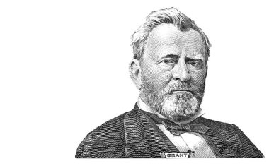 Ulysses S. Grant, beyaz arka planda izole edilmiş yeni 50 dolarlık banknotu kesti.