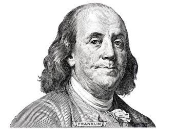 Benjamin Franklin yeni 100 dolarlık banknotta kesinti yaptı. Tasarım amacıyla beyaz arka planda izole edildi.