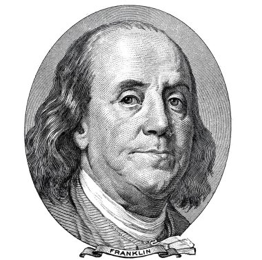 Benjamin Franklin cut on old 100 dollars banknote isolated on white background for design purpose clipart